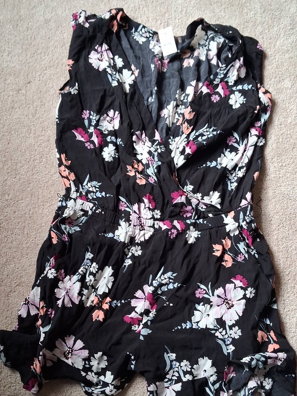 LOFT Black Floral Sleeveless Wrap Romper